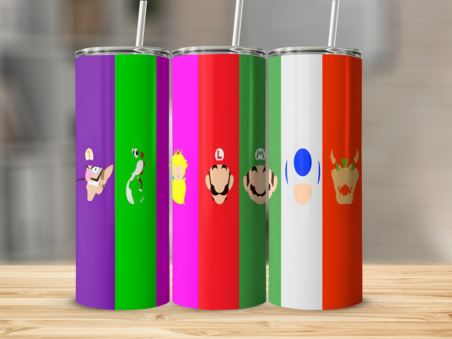 Three Mario-themed tumblers with character faces: Waluigi, Luigi, and Bowser.