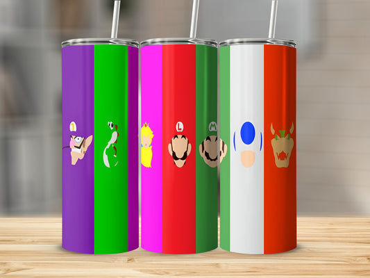 Three Mario-themed tumblers with character faces: Waluigi, Luigi, and Bowser.