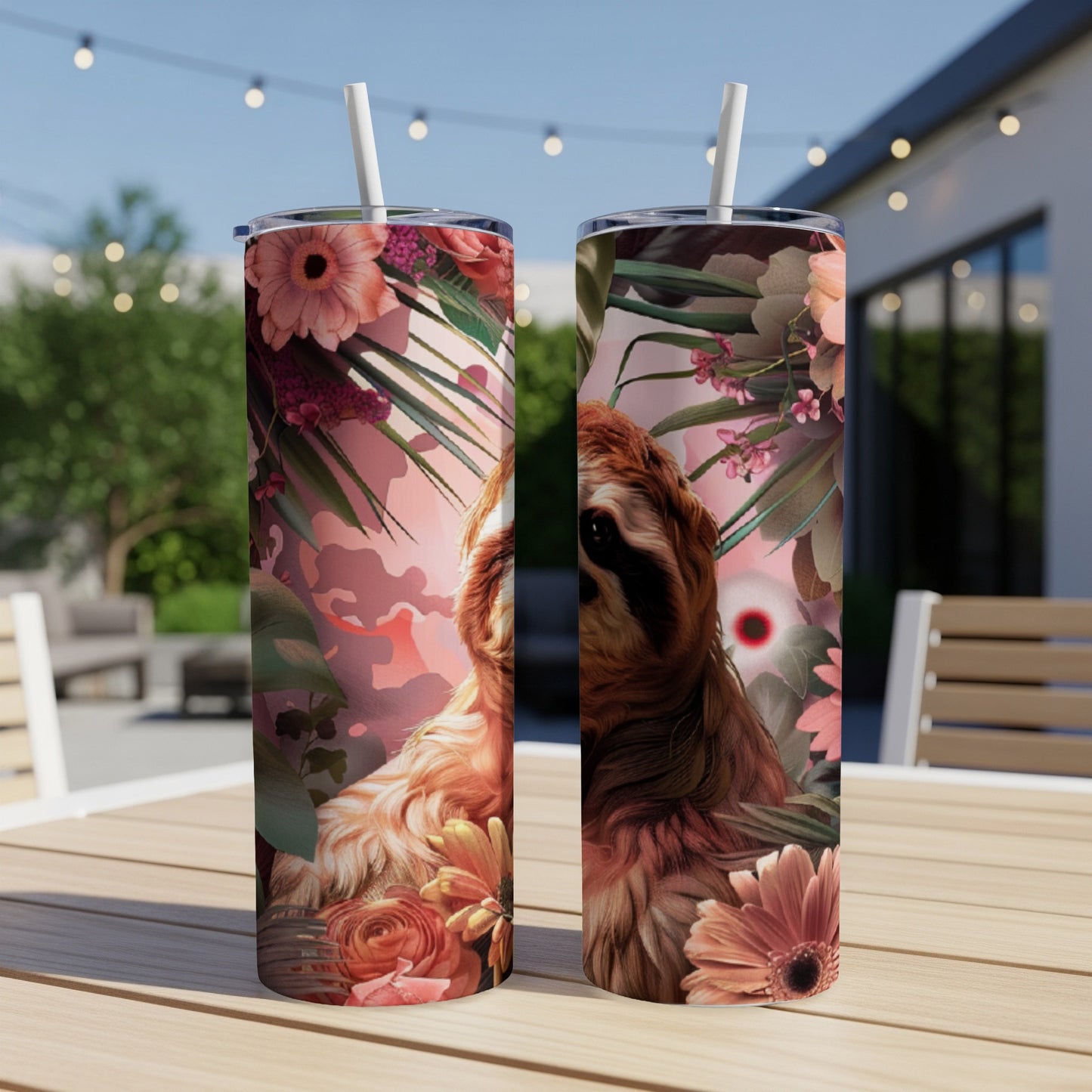 Sloth peering through tropical flowers on a sublimation tumbler.