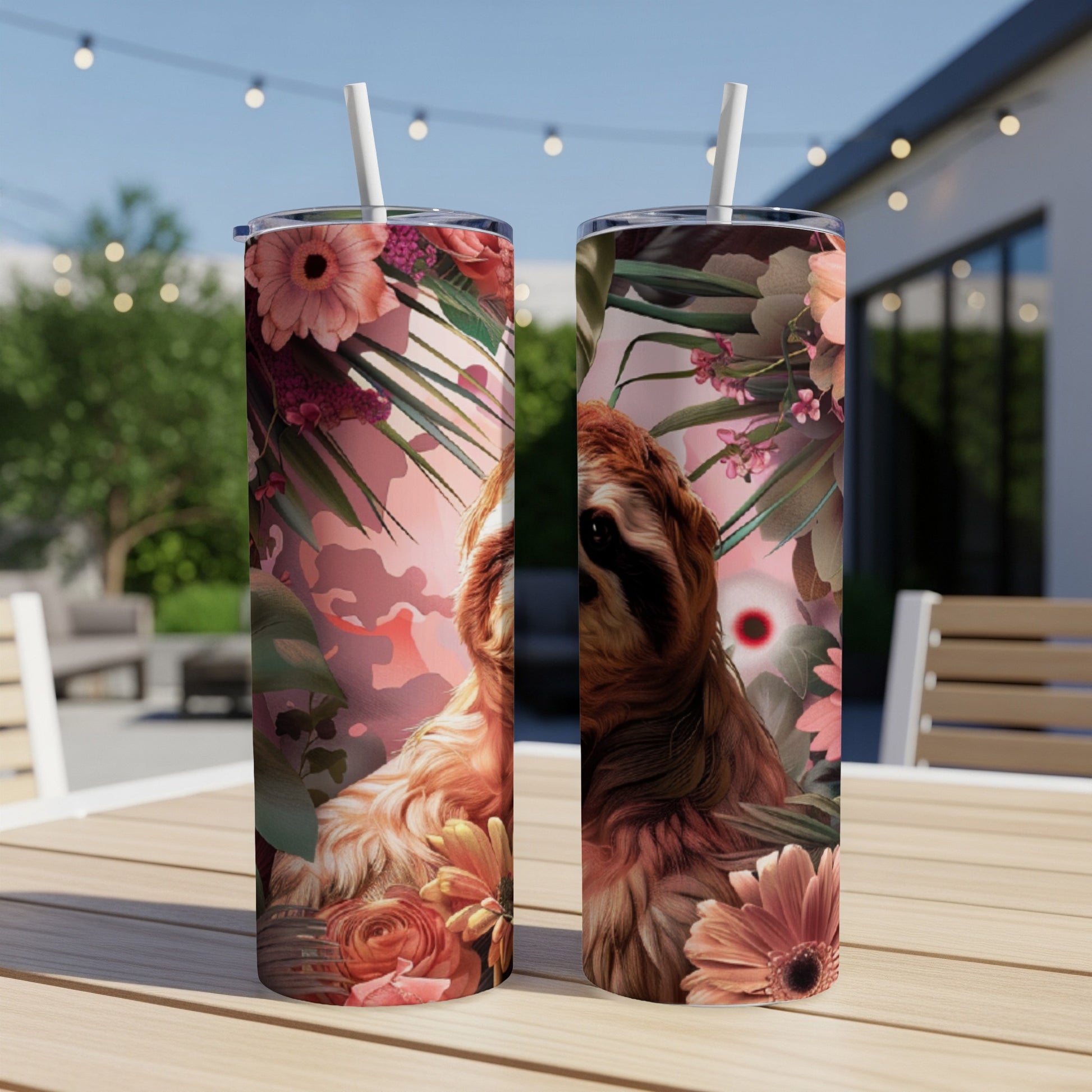 Sloth peering through tropical flowers on a sublimation tumbler.