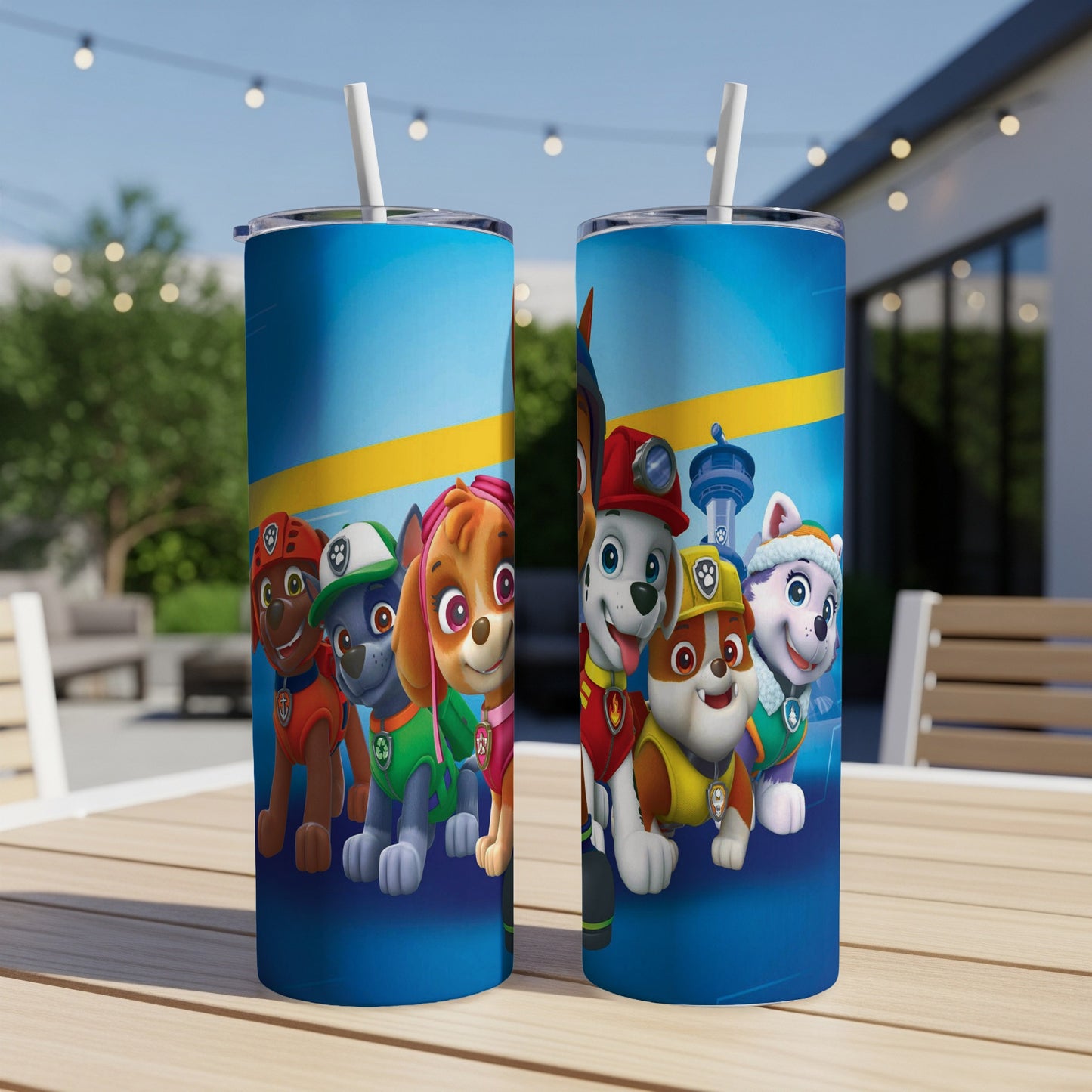 Two Paw Patrol tumblers featuring characters on a blue background.