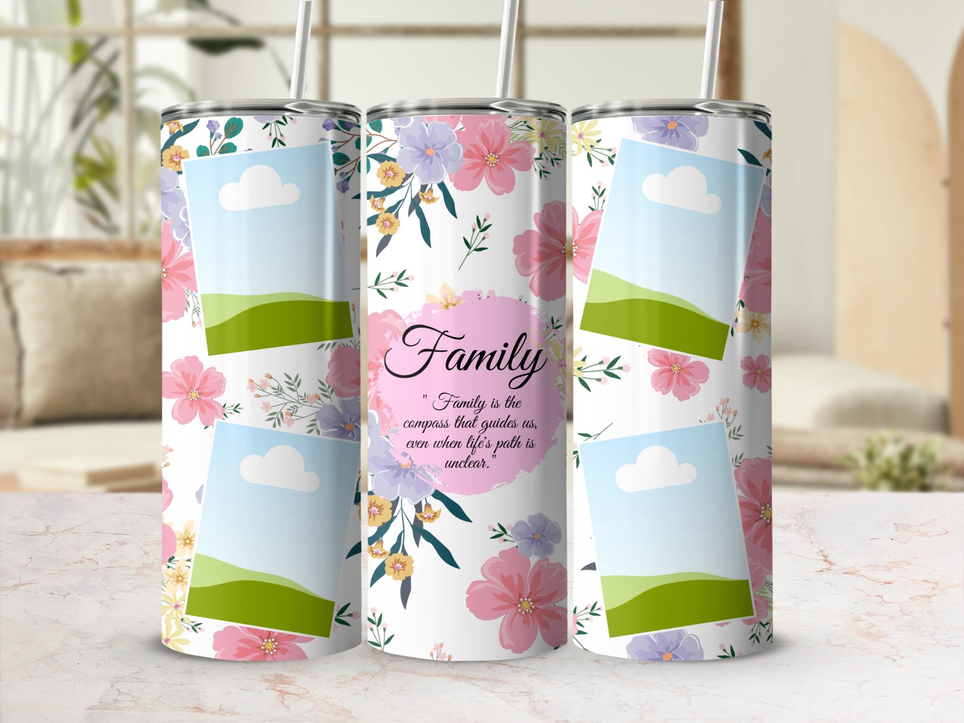 Floral tumbler with "Family" quote and placeholder photo frames.