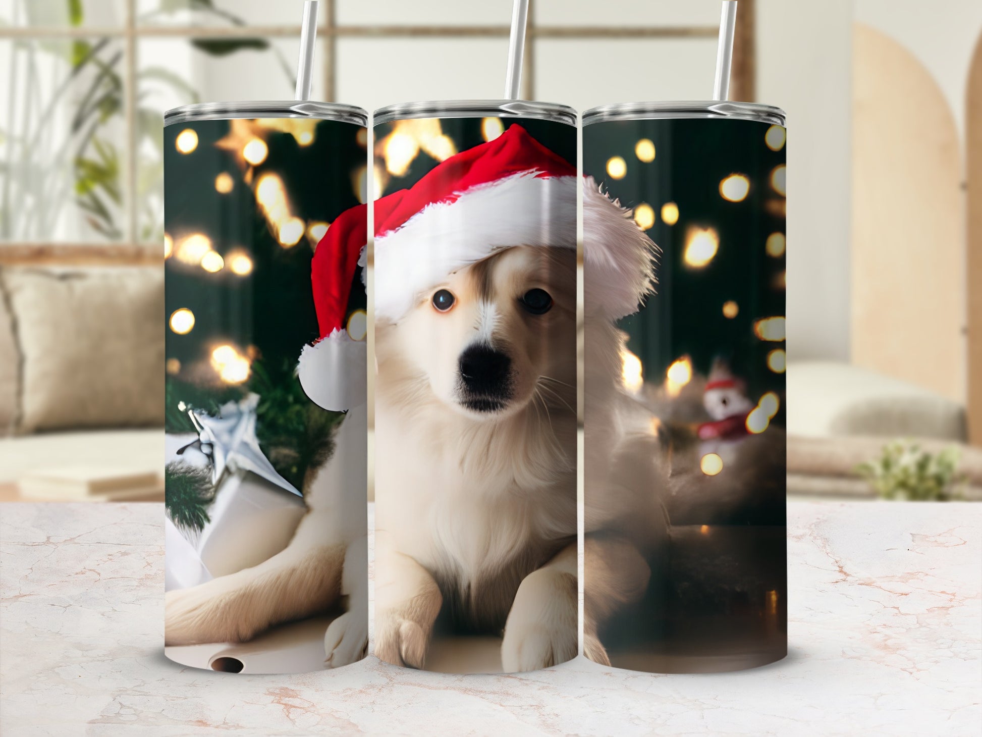 Fluffy white puppy in Santa hat, close-up with bokeh lights.