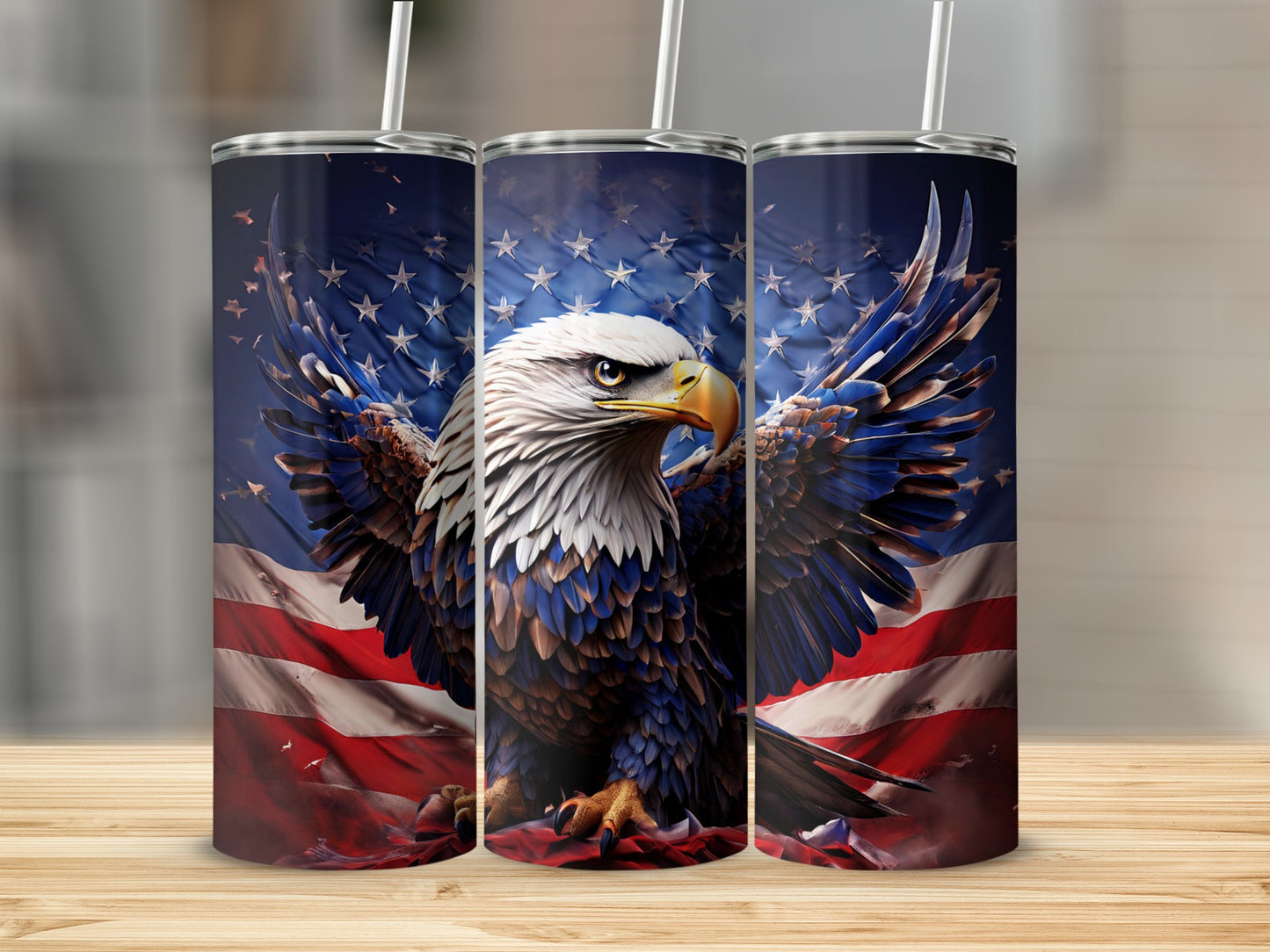 Eagle with spread wings and American flag design on three tumblers.