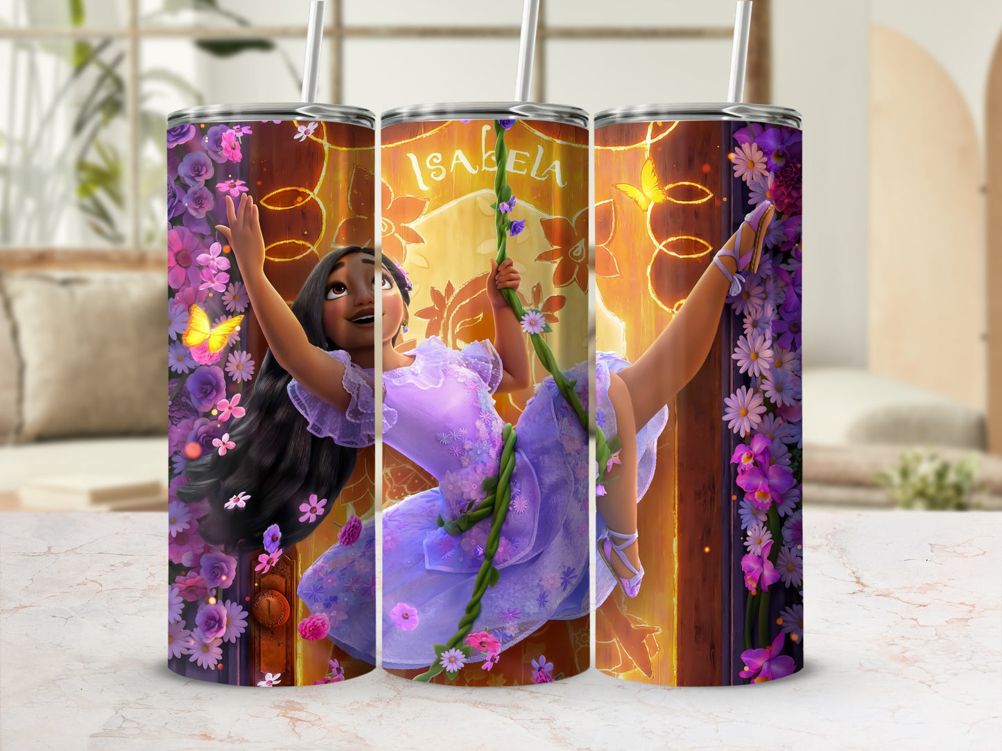 Magical Floral Design Tall Cups with Lids and Straws