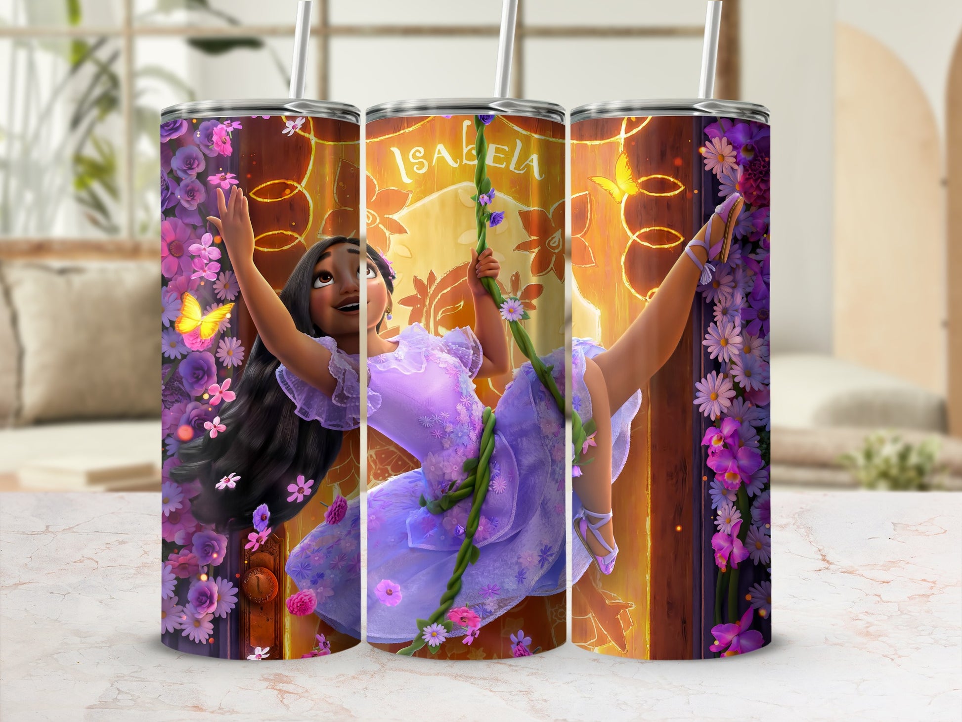 Magical Floral Design Tall Cups with Lids and Straws