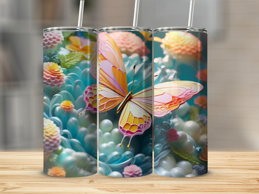 Three tumblers with a detailed butterfly and floral design.