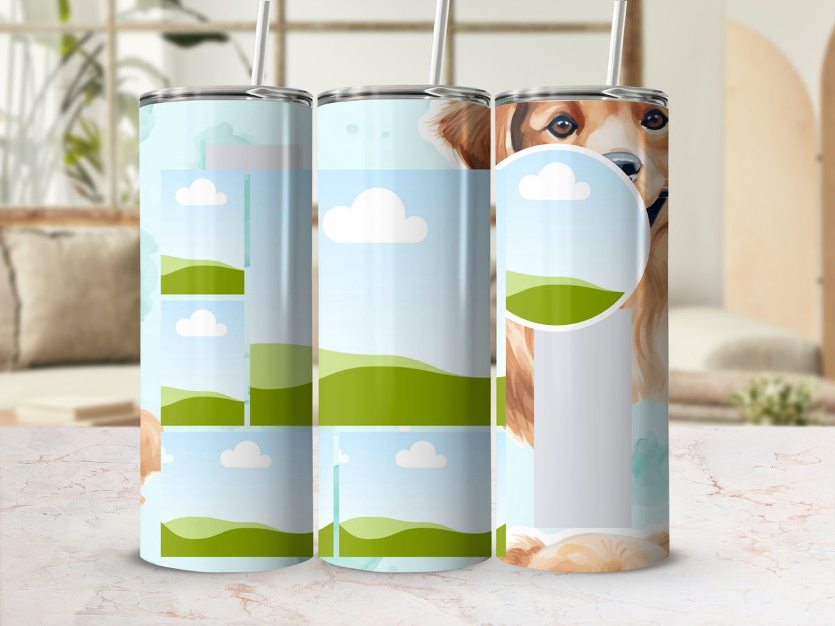 Tumbler with watercolor golden retriever and landscape photo collage design.