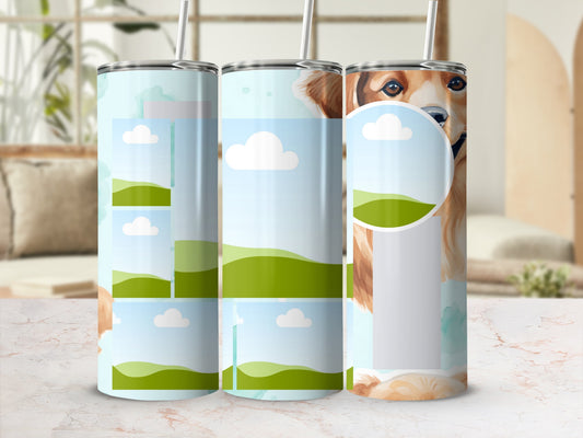 Tumbler with watercolor golden retriever and landscape photo collage design.