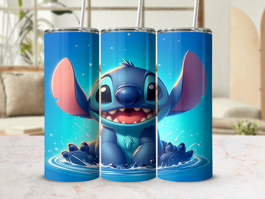 Blue Stitch character smiling in water with bubbles.