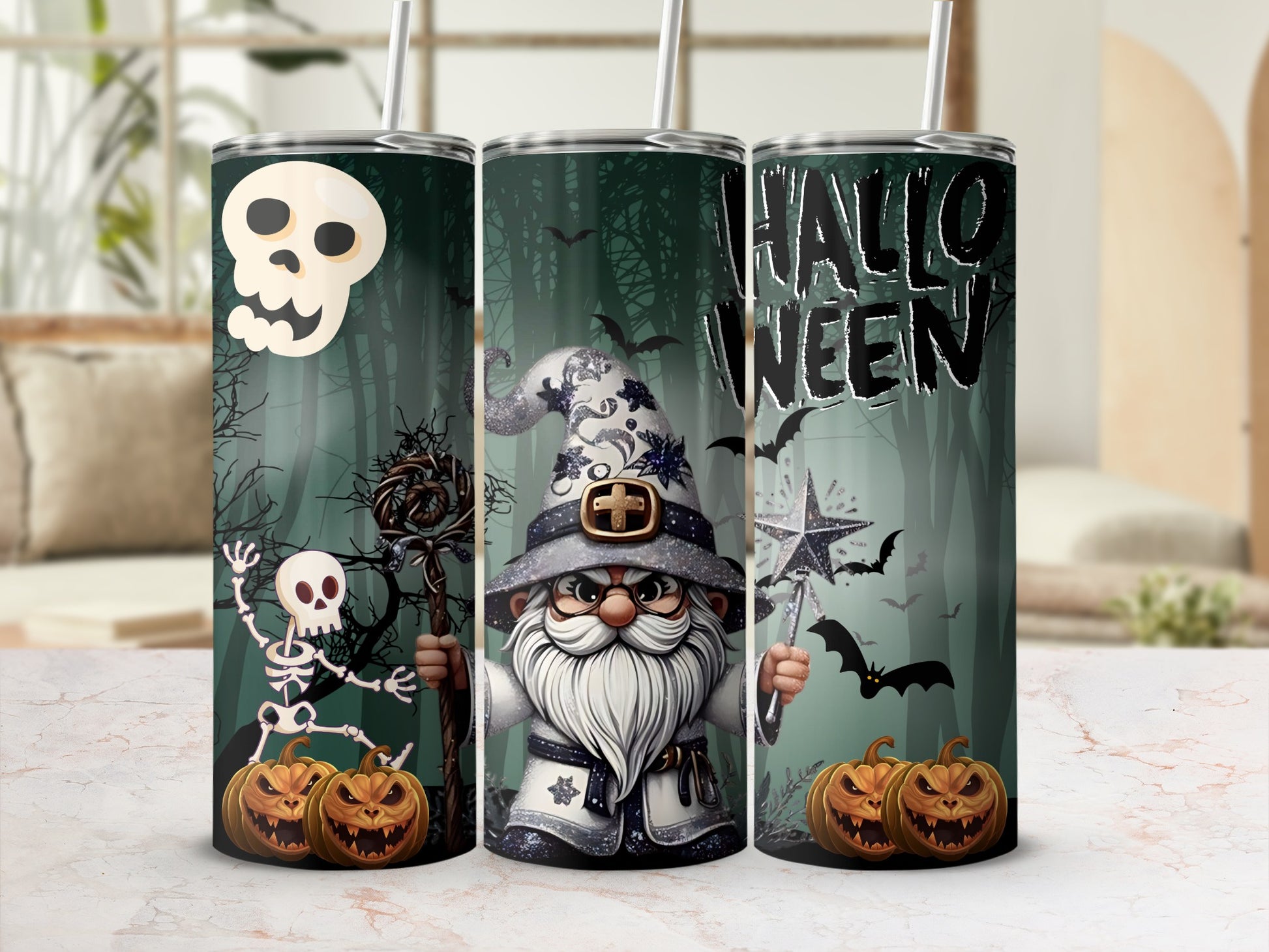 Halloween Gnome with Skeleton and Pumpkin Tumbler Gift