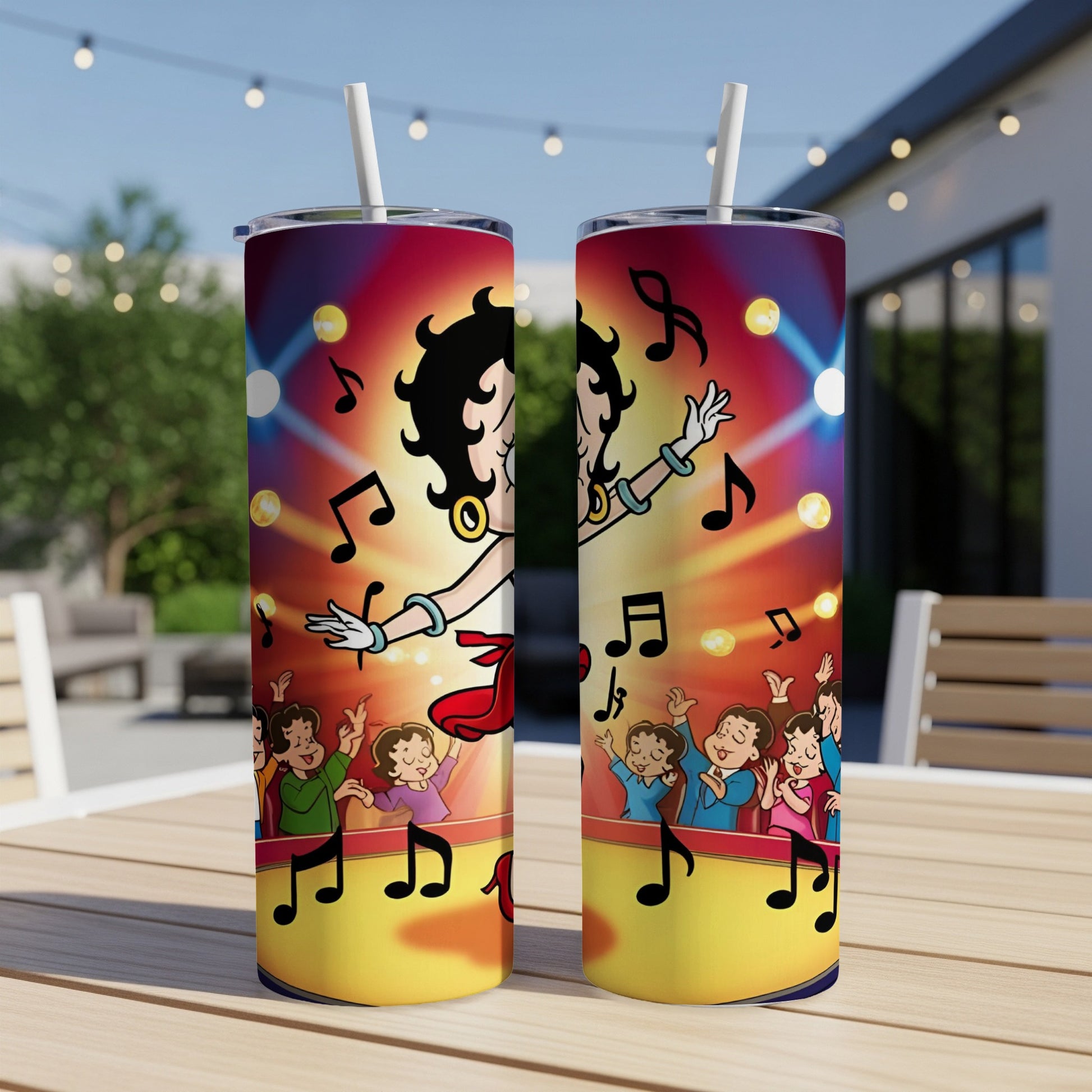 Betty Boop performing with musical notes on a colorful stage.