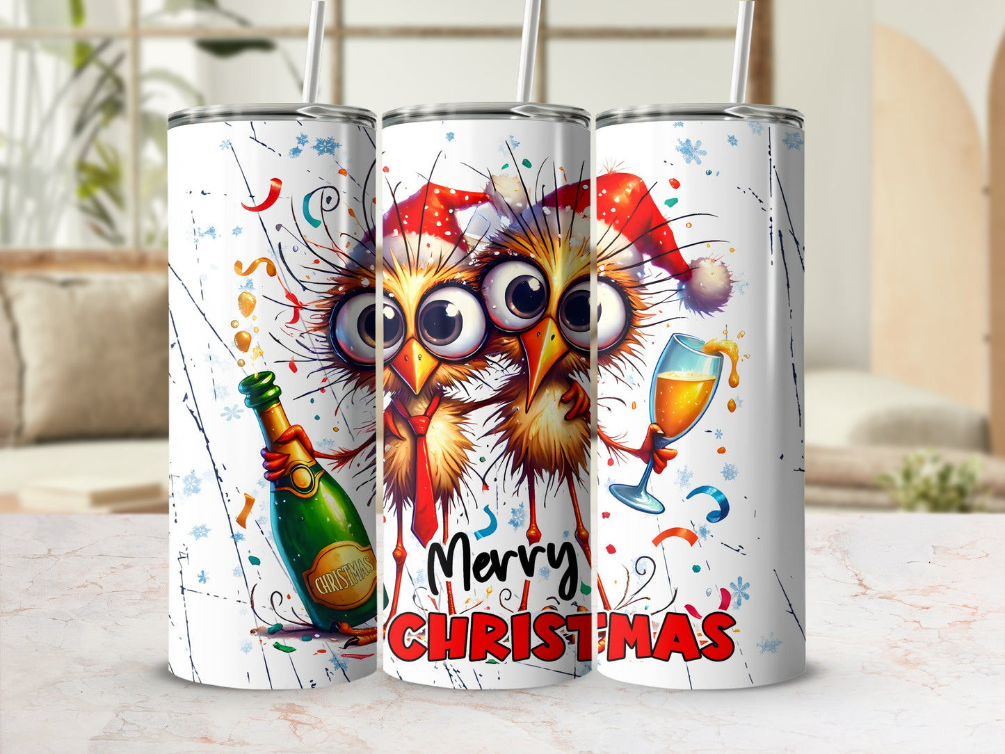 Three festive owls in Santa hats holding a champagne bottle and glass, "Merry Christmas" text.