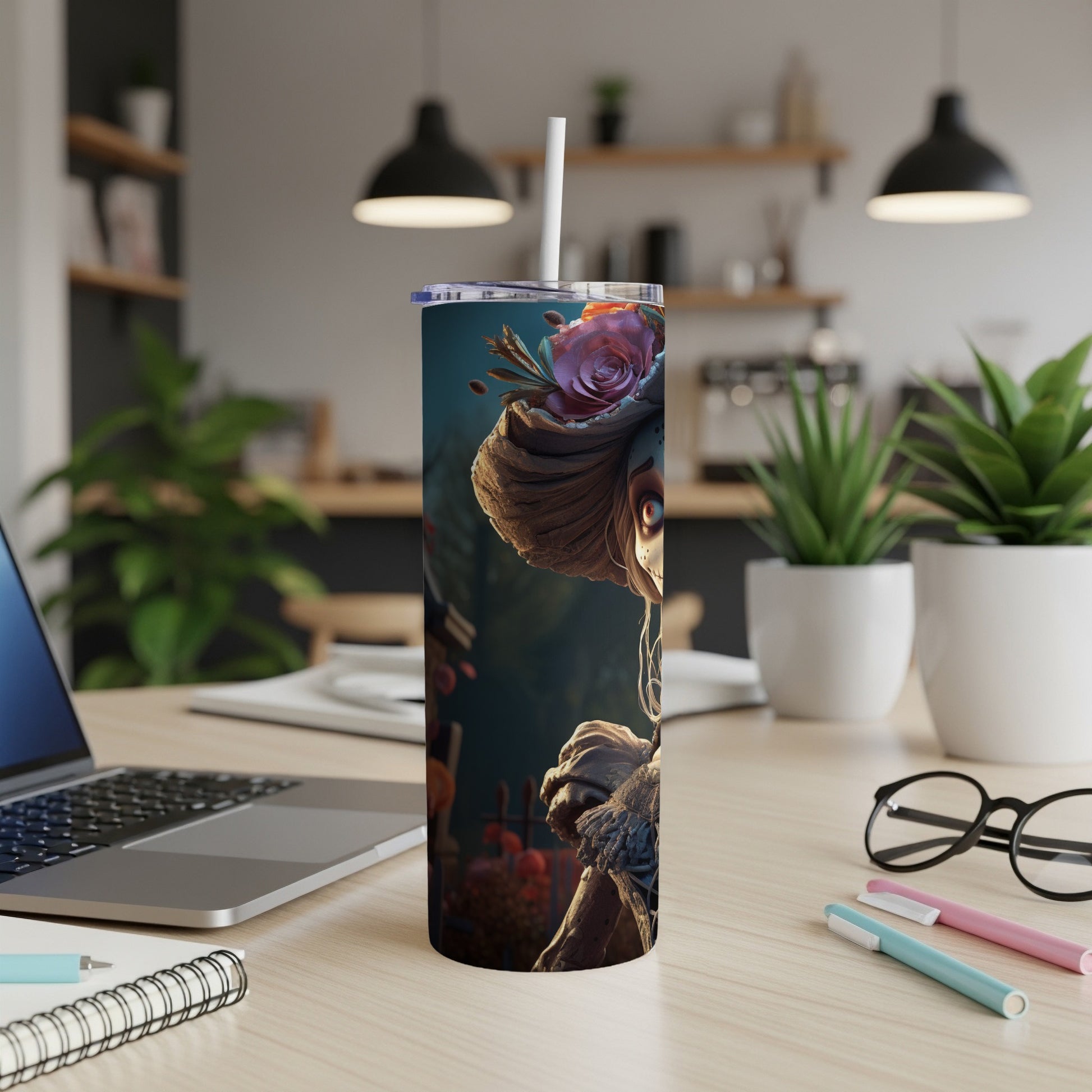 Tumbler with a spooky Halloween-themed floral design featuring a skull character and roses.