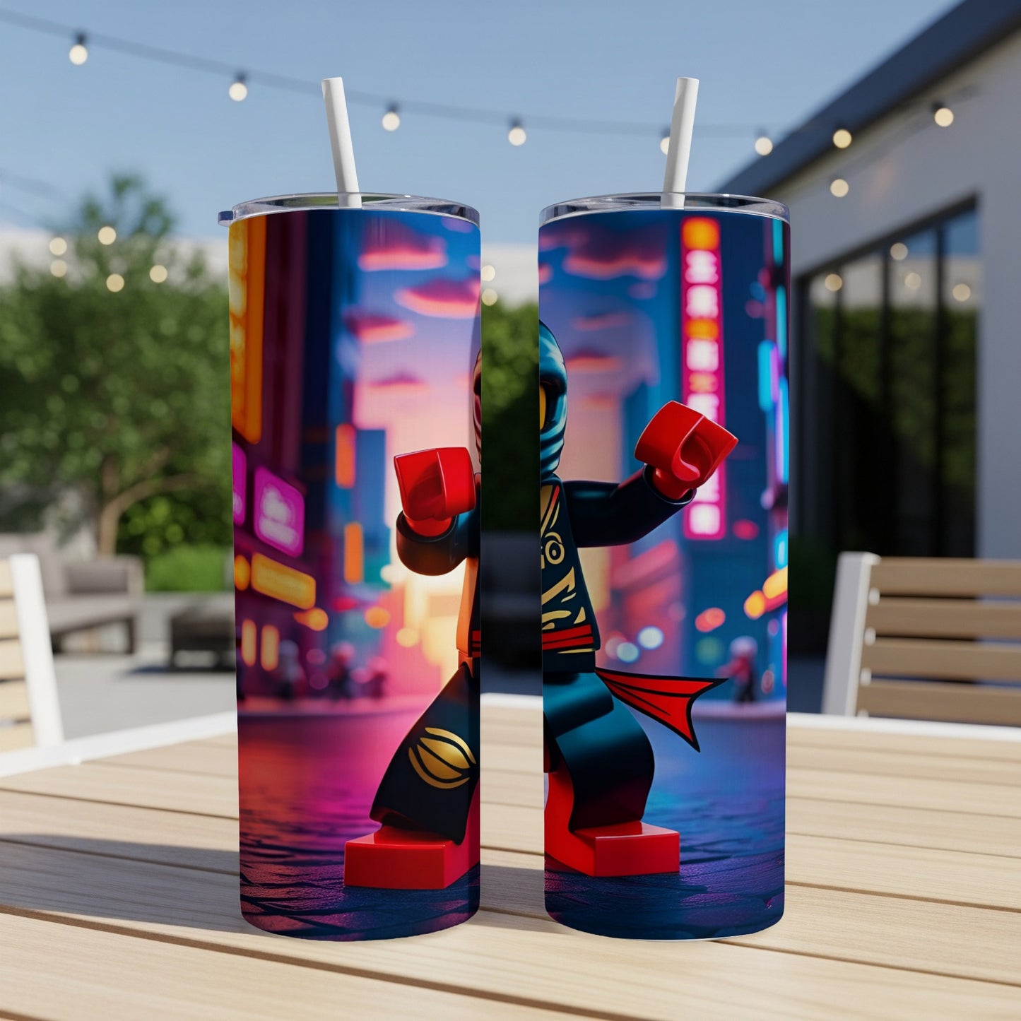Two LEGO Ninjago tumblers with a city street background.