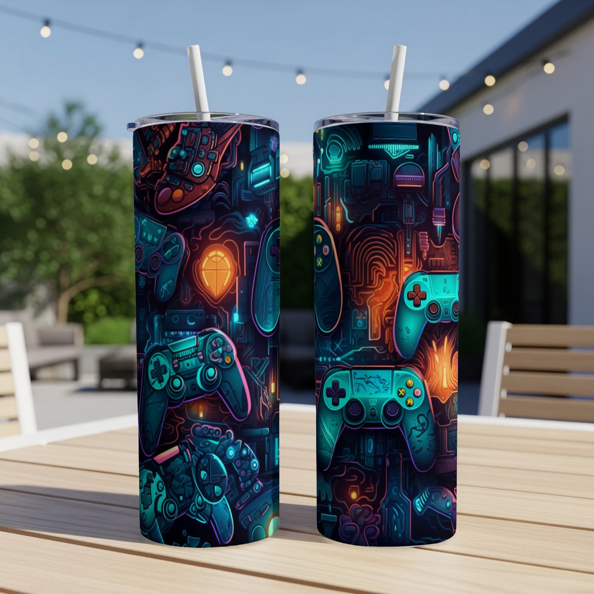 Two tall tumblers with a retro video game controller and circuitry pattern.