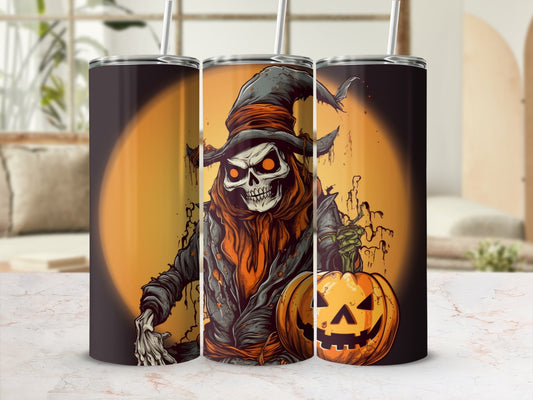 Three tumblers feature a spooky skeleton in a witch hat holding a jack-o'-lantern.