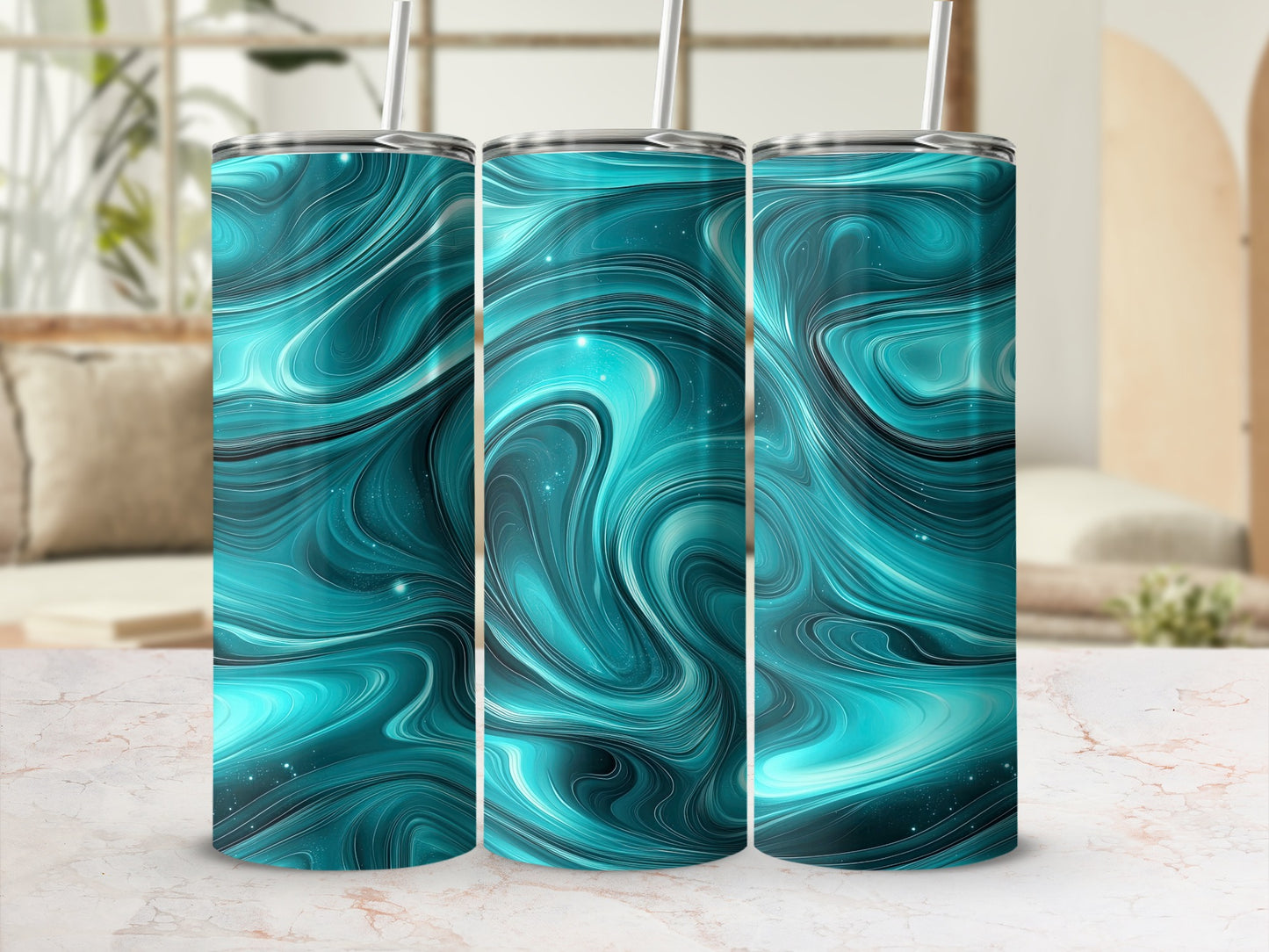 Teal Aqua Swirl Pattern Abstract Sparkle Modern Tumblers