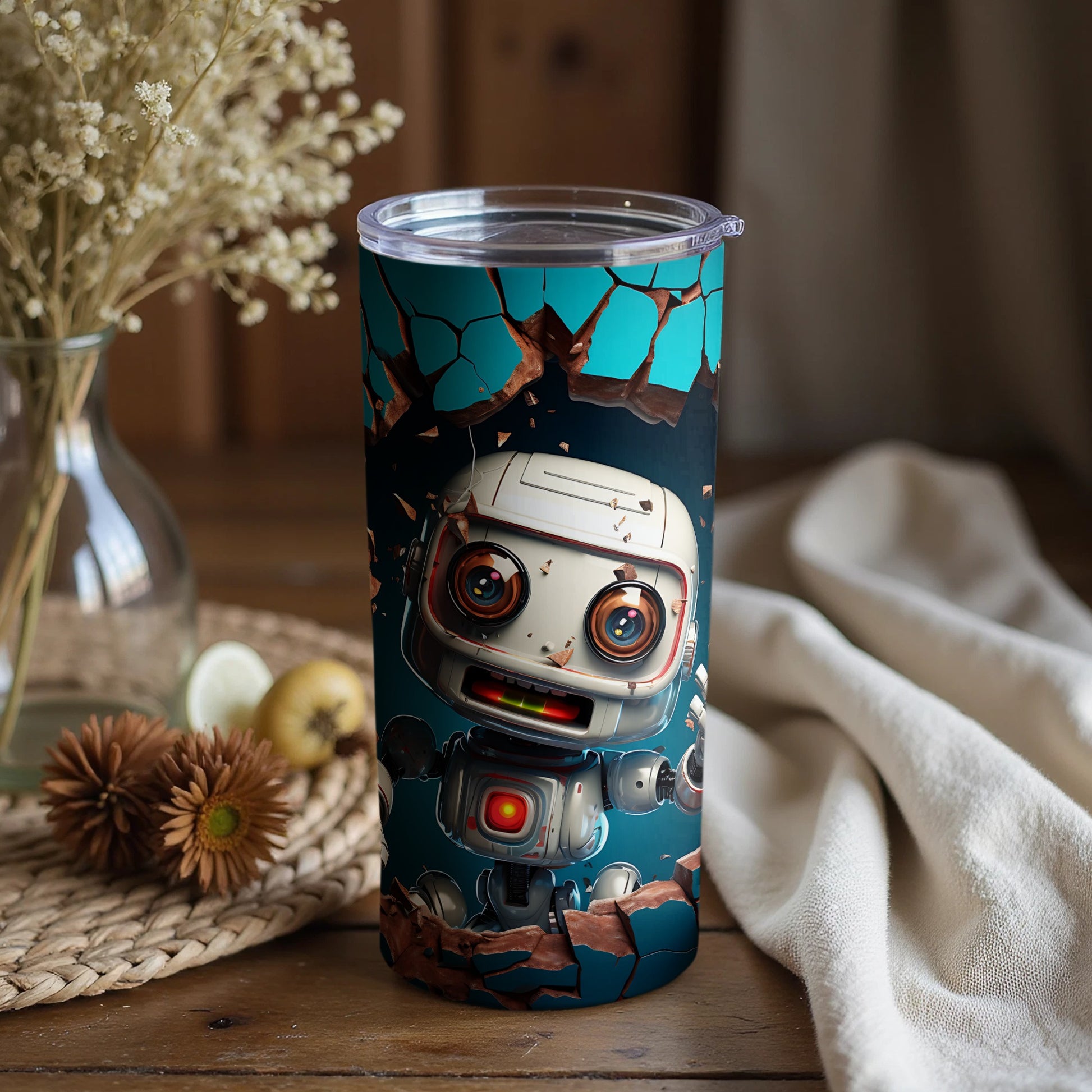 Adorable Robot Design Cracked Wall Look Tumbler