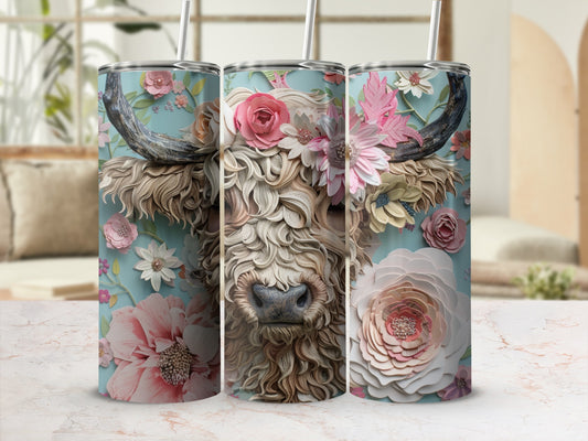 Highland cow with floral crown, presented on three tumblers.