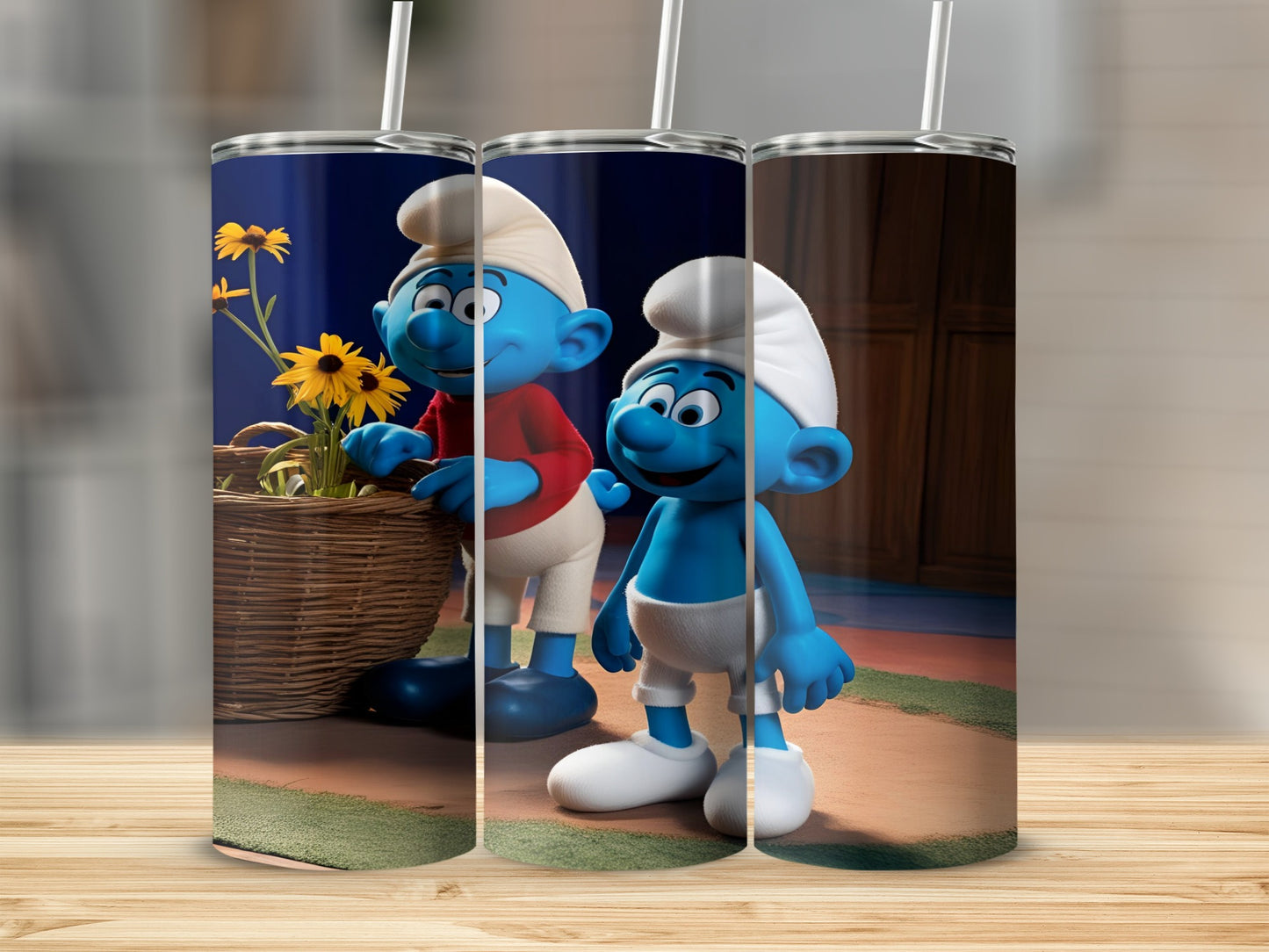 Smurfs in white hats and pants standing next to a basket of flowers.