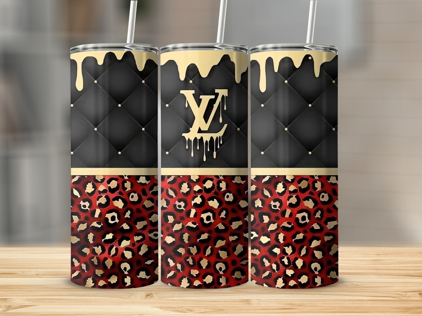 Quilted Drip and Leopard Print Stainless Steel Tumbler