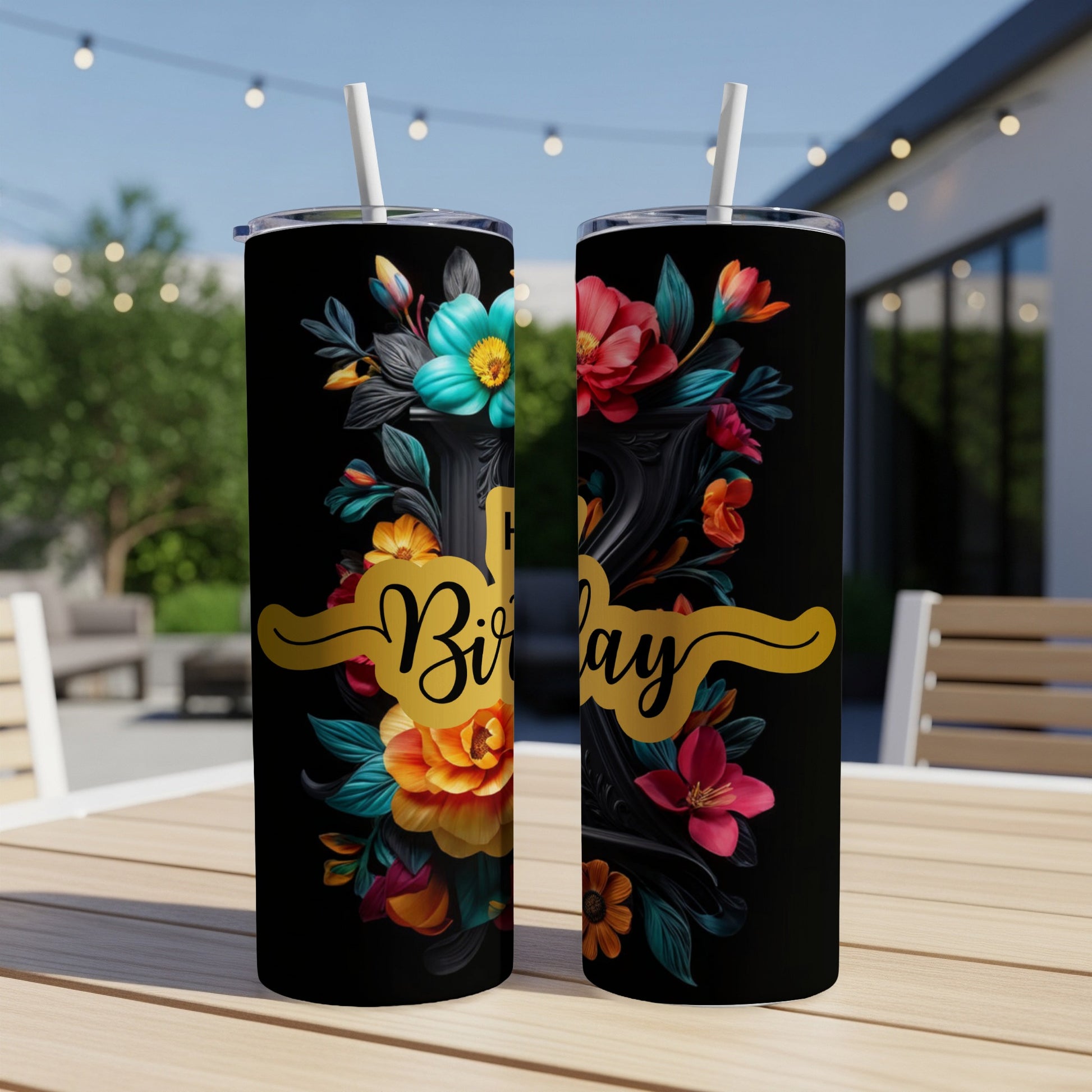 Black tumbler with "Happy Birthday" and floral designs.