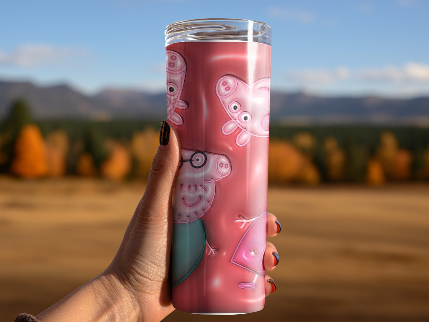 Cartoon Peppa Pig Family Pink Background Premium Tumblers