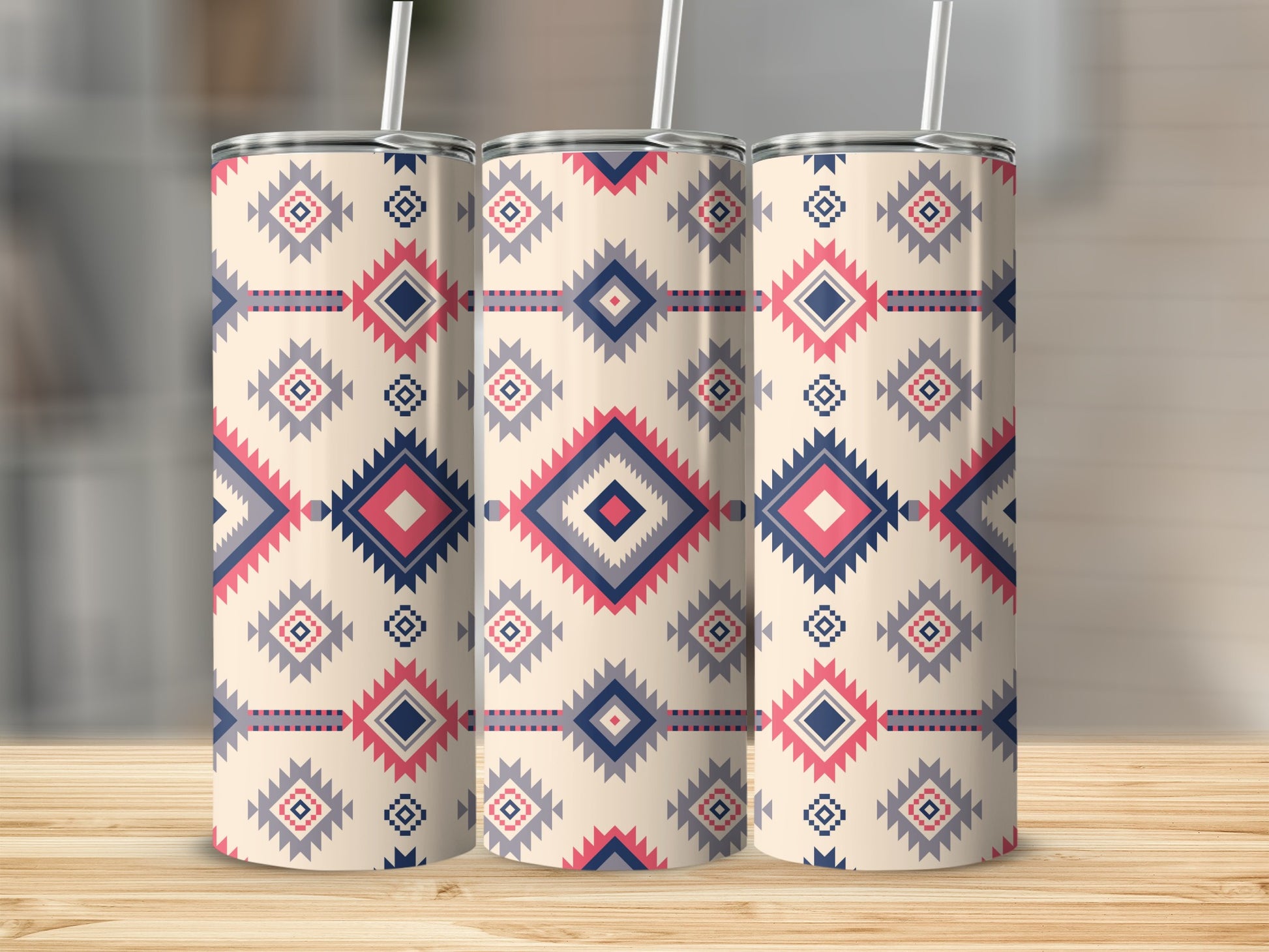 Vibrant Geometric Patterned Drink Tumbler with Straw