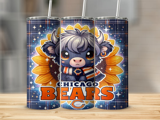 Chicago Bears stylized buffalo wearing a scarf and sunflower pattern on a tumbler.