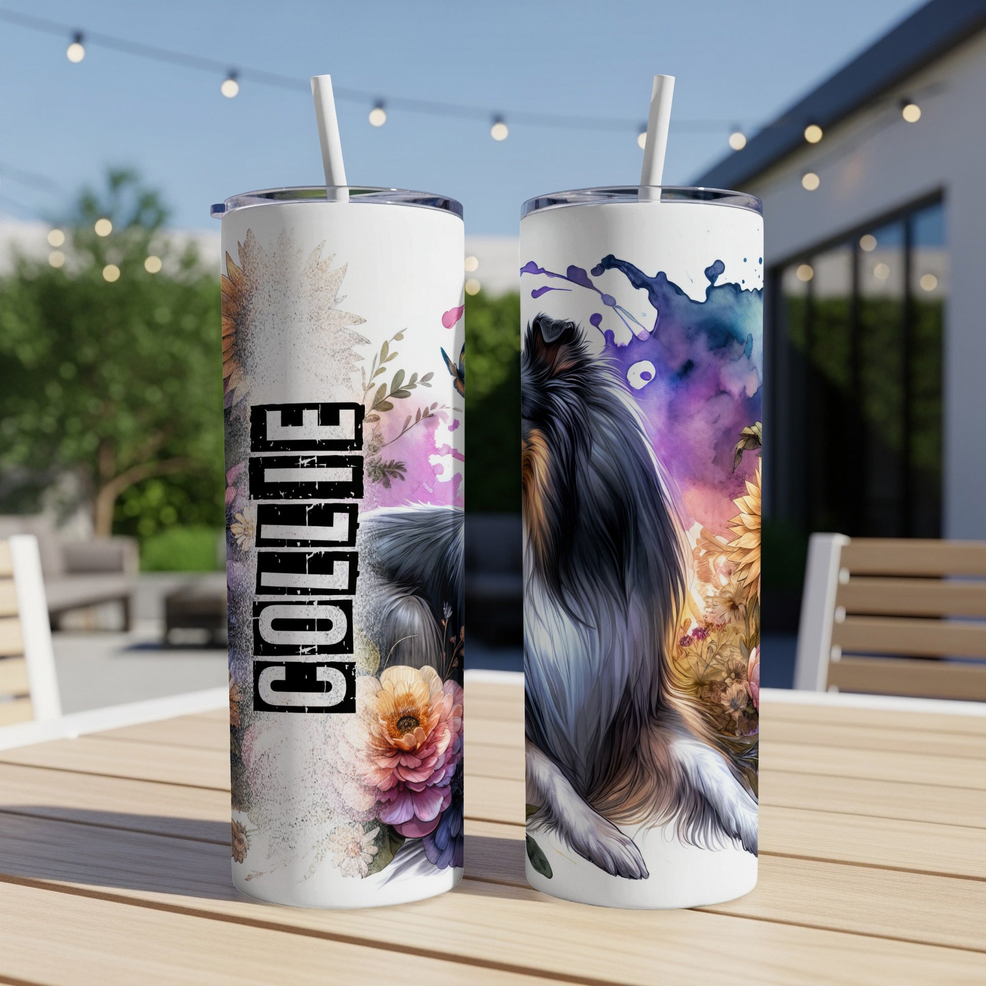 Collie dog with floral accents on a white tumbler with a straw.