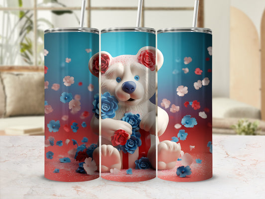 White bear holding a blue rose, surrounded by red and blue flowers.