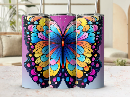 Three tumblers featuring colorful butterfly wings design.