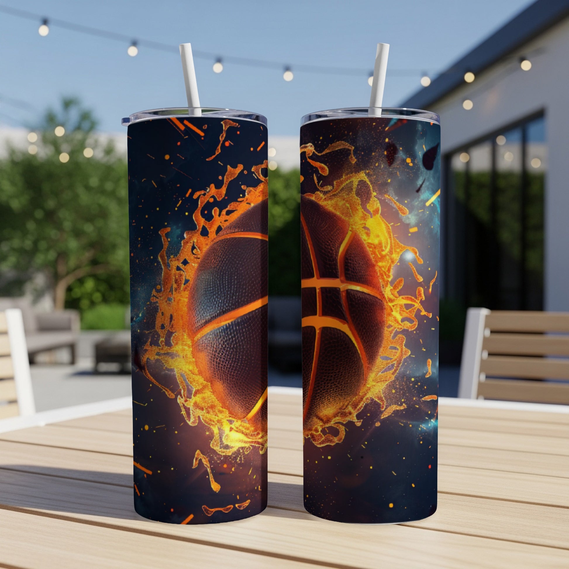 Basketball with fiery orange flames on a dark speckled background.