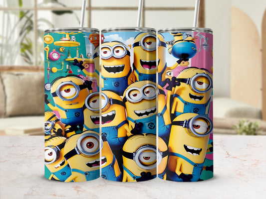 Minions characters on tumblers with straw in a brightly lit room.