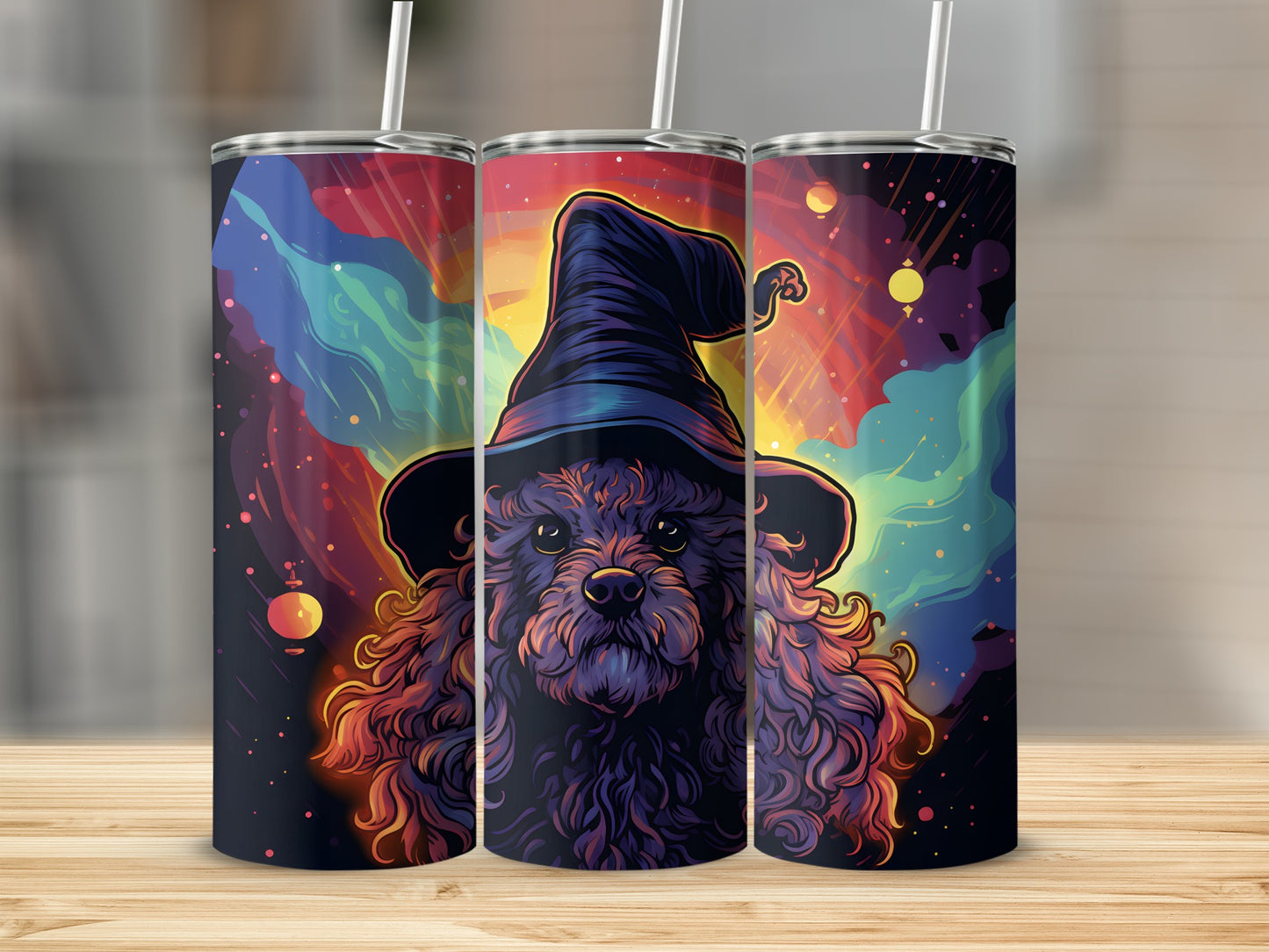Dark curly dog wearing a witch hat with colorful cosmic background.