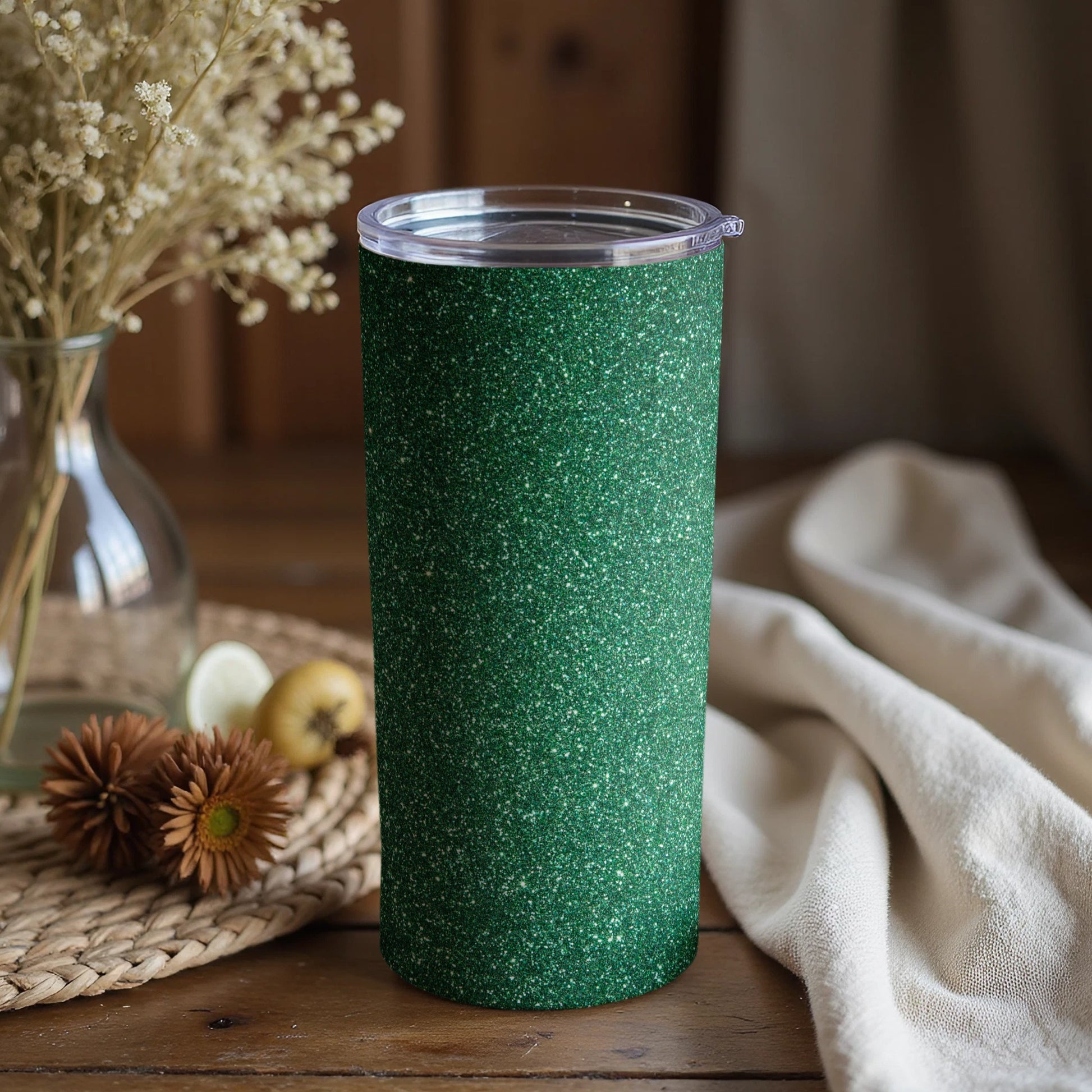 Sparkling Green Glitter Tumbler with Flowers Decor