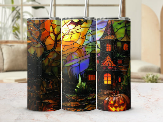 Halloween stained glass tumbler with haunted house, pumpkin, and bat design.