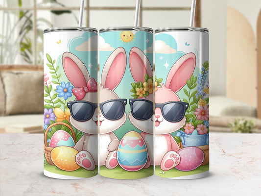 Easter bunnies wearing sunglasses with Easter eggs and basket.