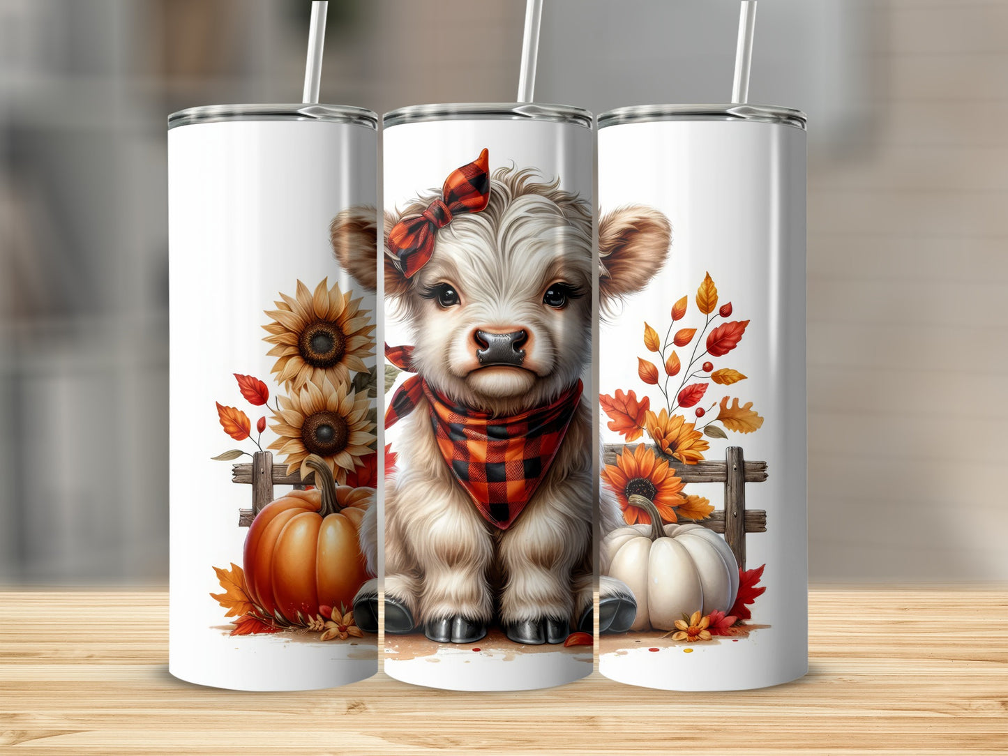 Cute calf with buffalo plaid scarf, sunflowers, pumpkins, and autumn leaves.