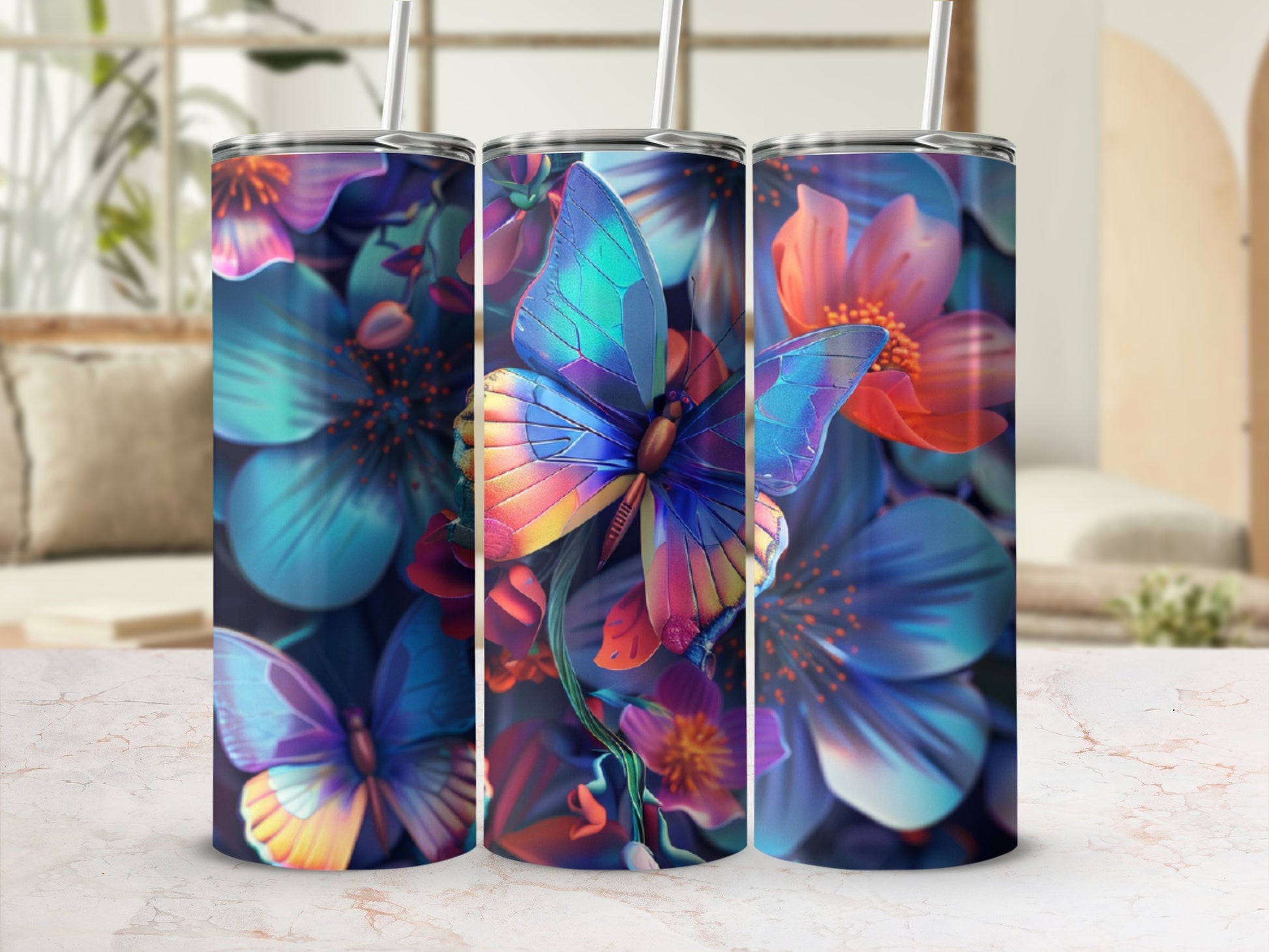 Tumbler with colorful butterfly and floral pattern on a marble surface.