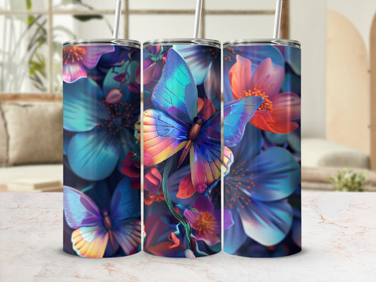 Tumbler with colorful butterfly and floral pattern on a marble surface.