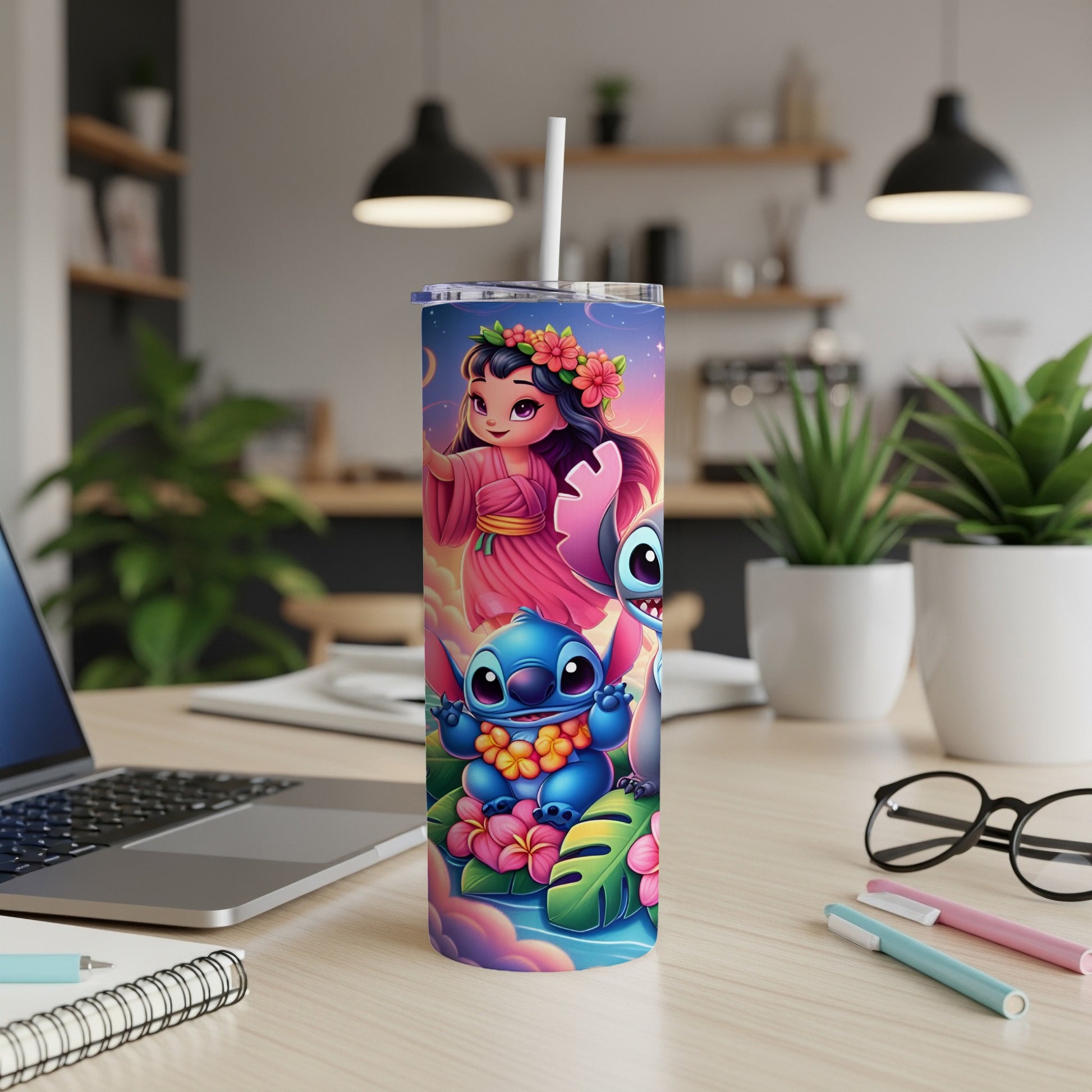 Lilo and Stitch with flowers on a skinny tumbler with straw.