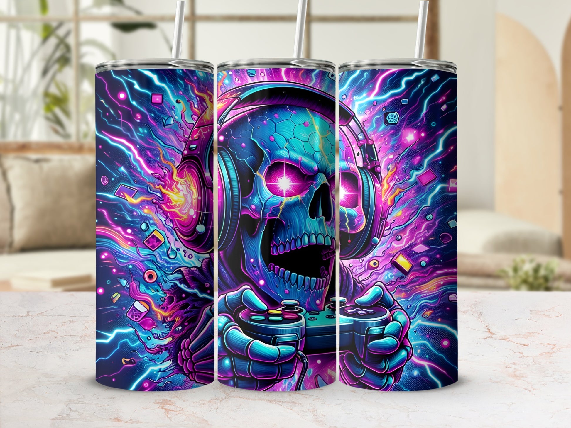 Colorful skull wearing headphones and playing video games with lightning effect.
