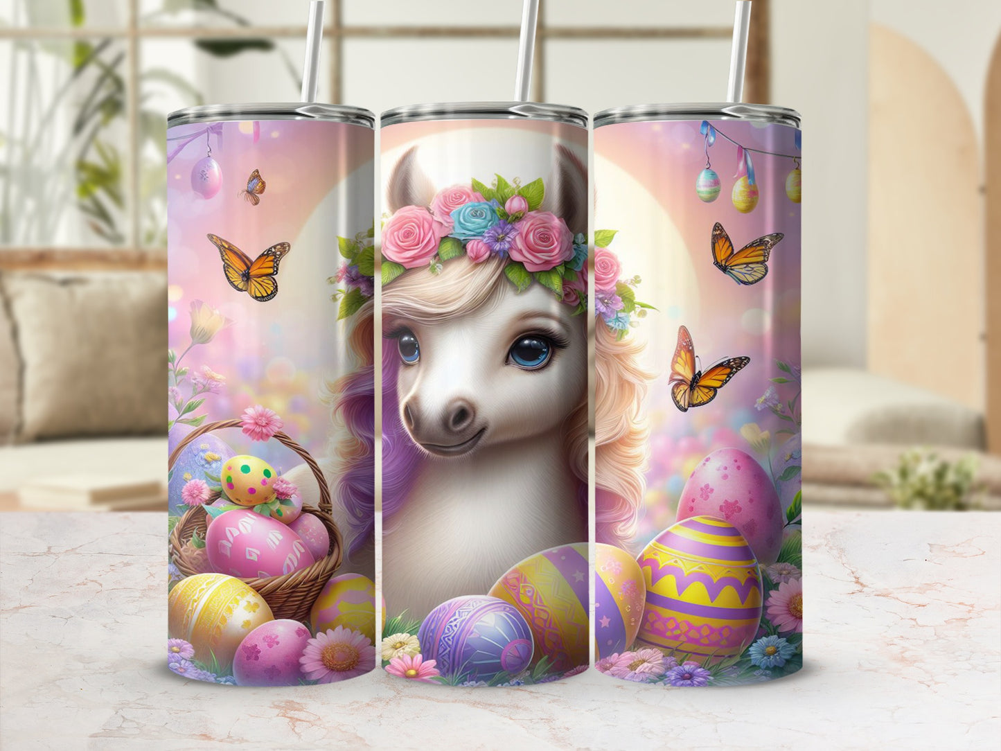 Easter llama with colorful eggs and butterflies on a pink background.