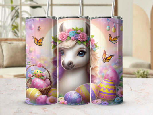 Easter llama with colorful eggs and butterflies on a pink background.