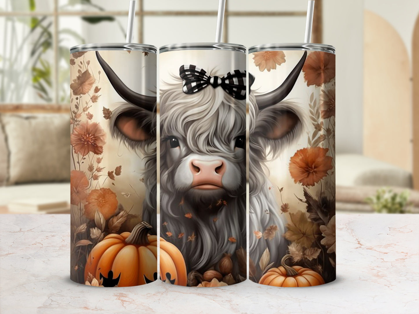 Fall Themed Highland Cow Pumpkin Tumbler Cup