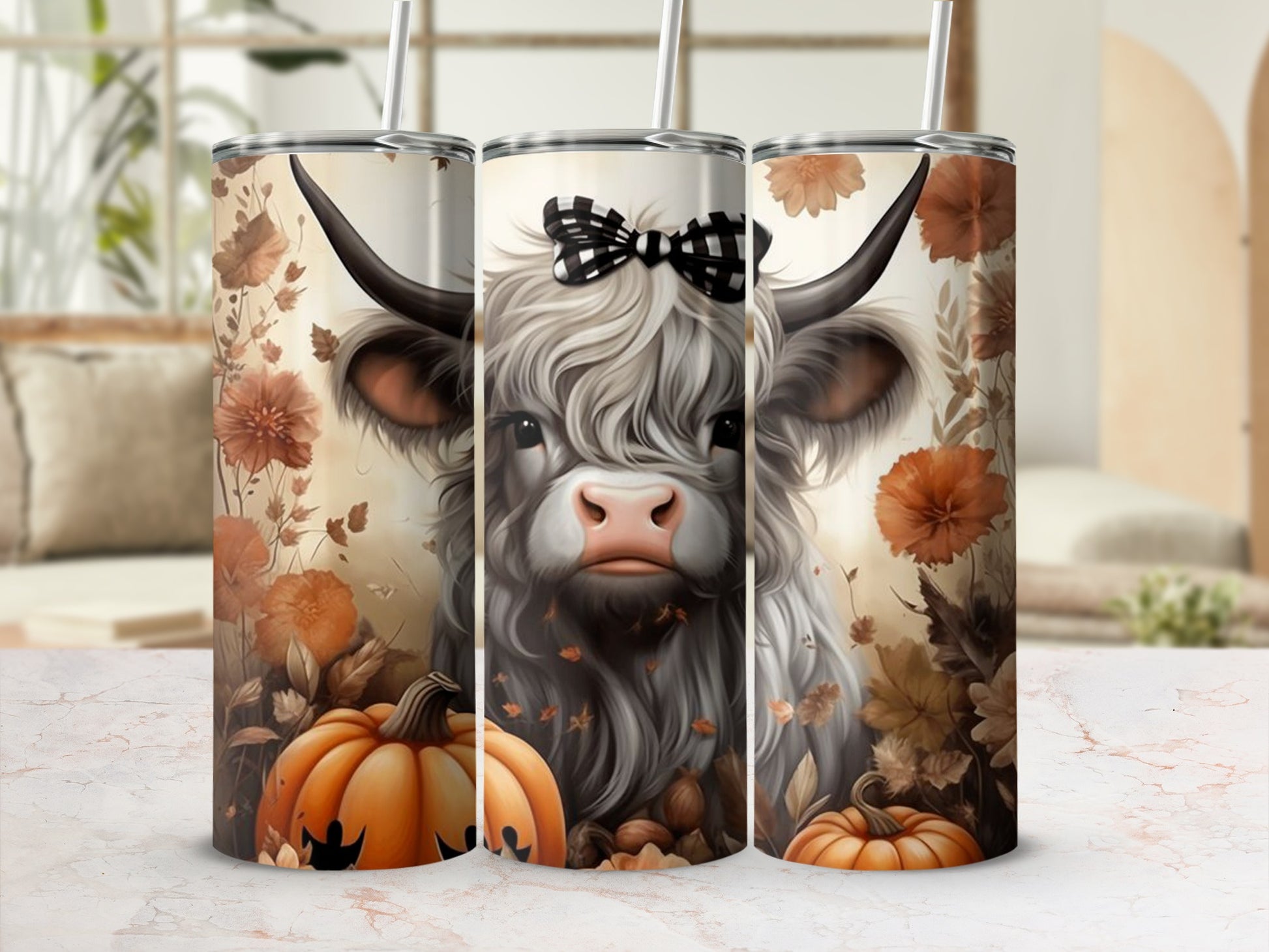 Fall Themed Highland Cow Pumpkin Tumbler Cup