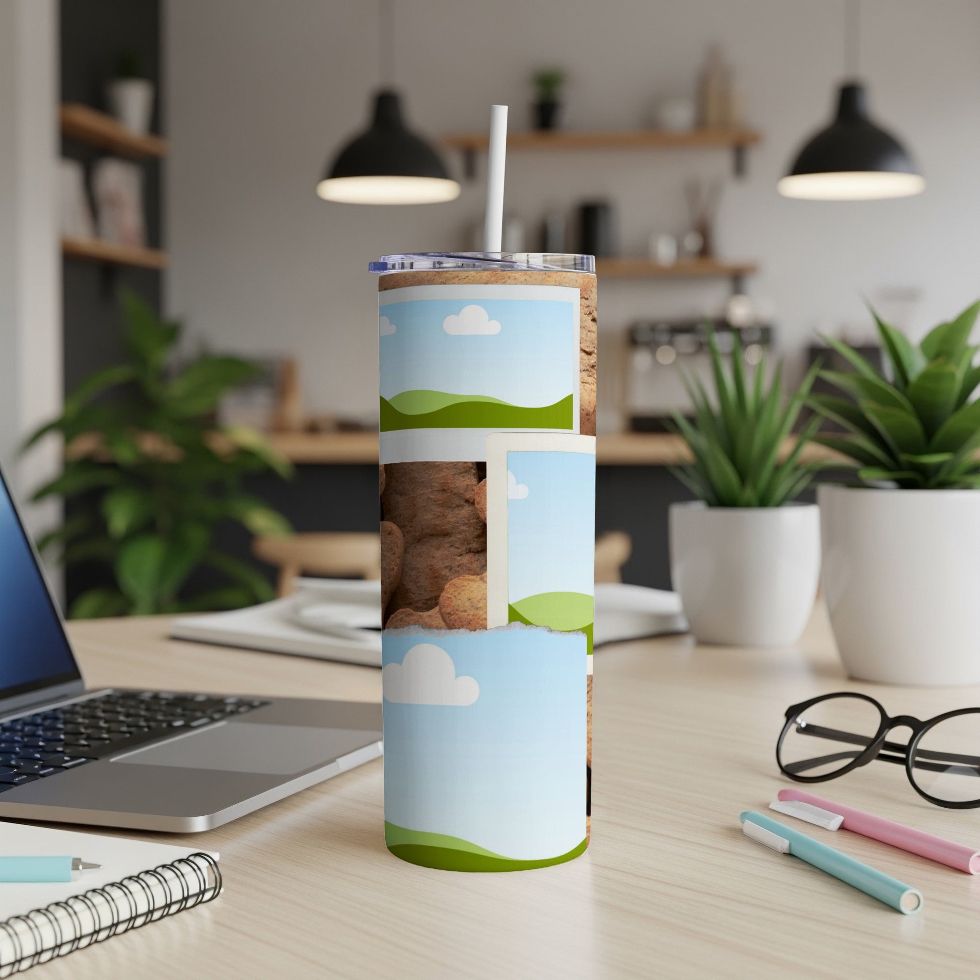 Tall tumbler with scattered collage of outdoor landscape photos and baked goods.