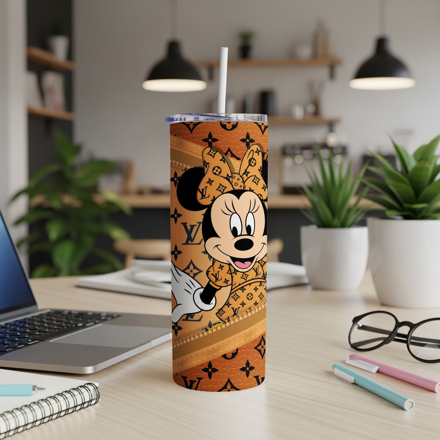 Minnie Mouse on a tumbler with LV monogram pattern, white straw.